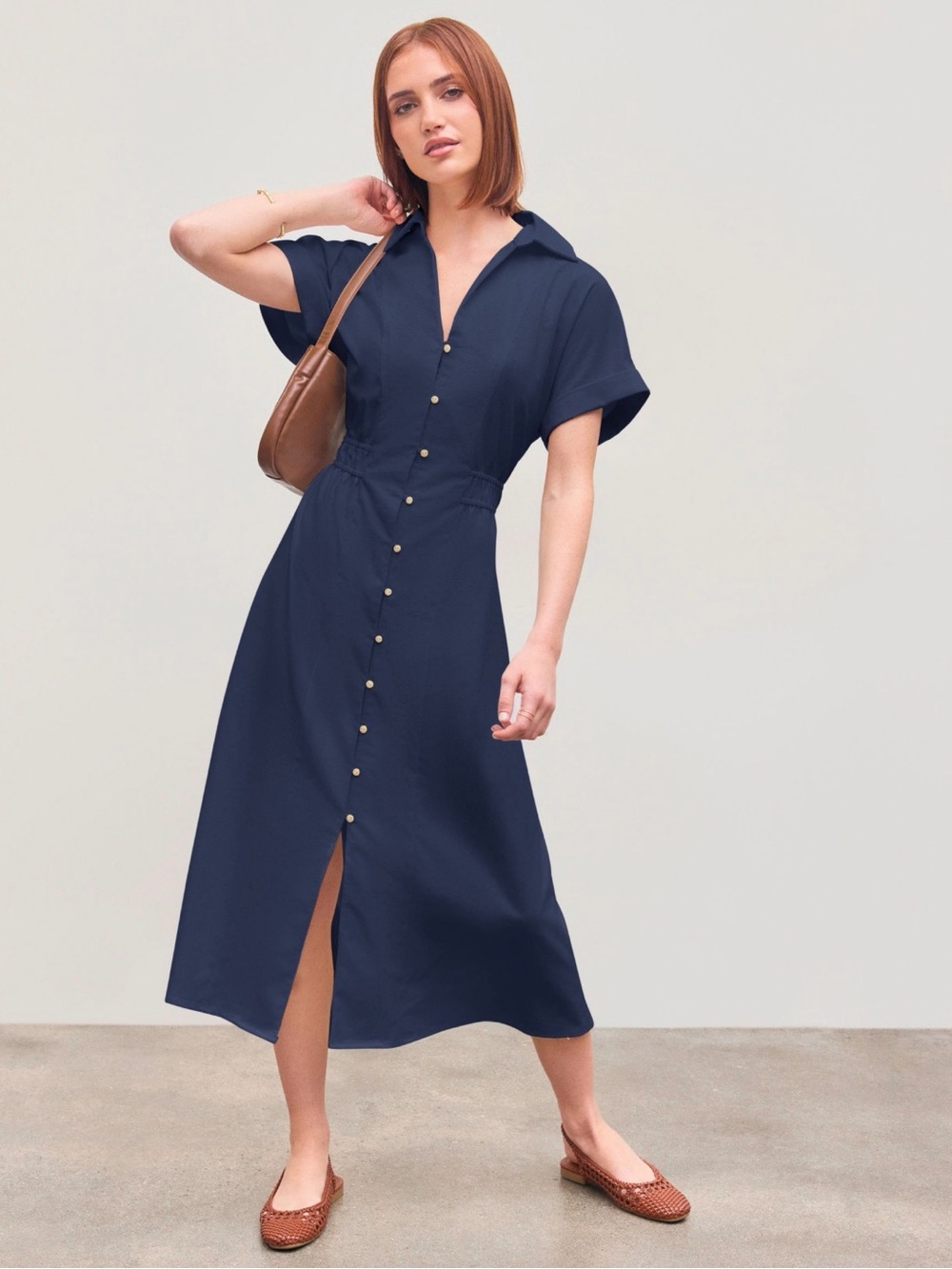 Cider Navy Button-Front Shirt Dress
